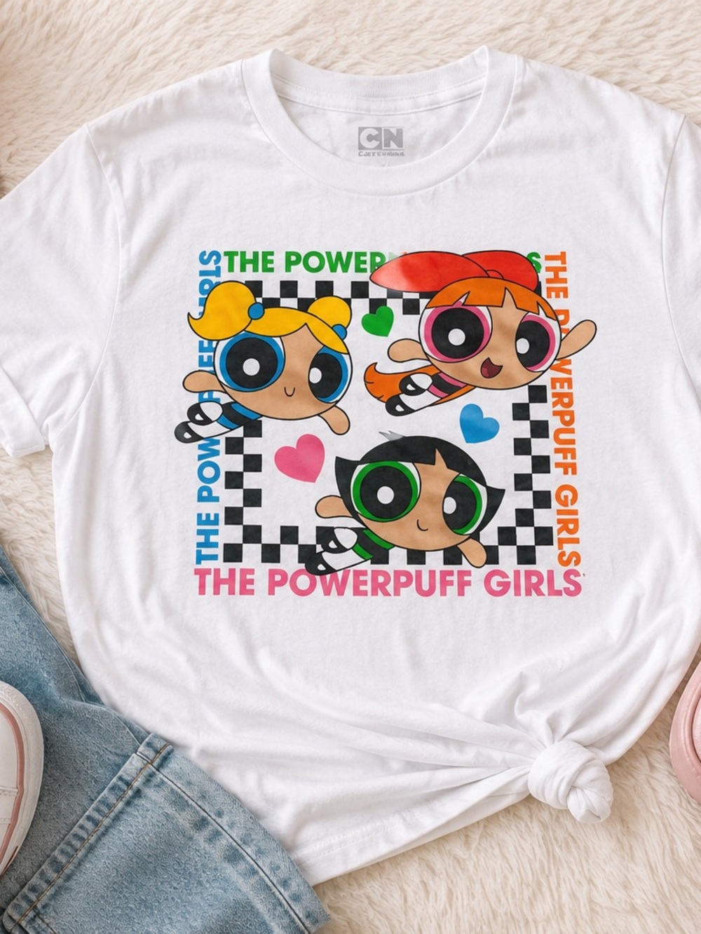 Cartoon Network Powerpuff Girls White Graphic Tee with Pink Blue Green Accents